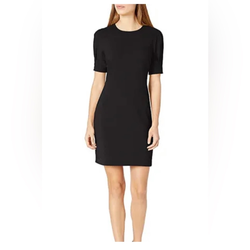 Lark & Ro Classic CrewNeck Black Sheath Dress with Puffed Sleeves